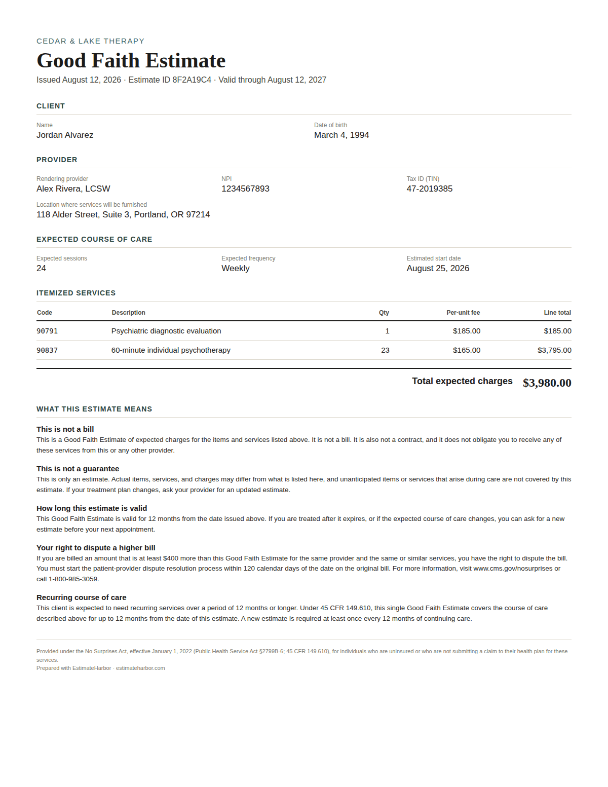 Sample completed Good Faith Estimate PDF showing client and provider details, itemized CPT codes, total cost, and required disclosures